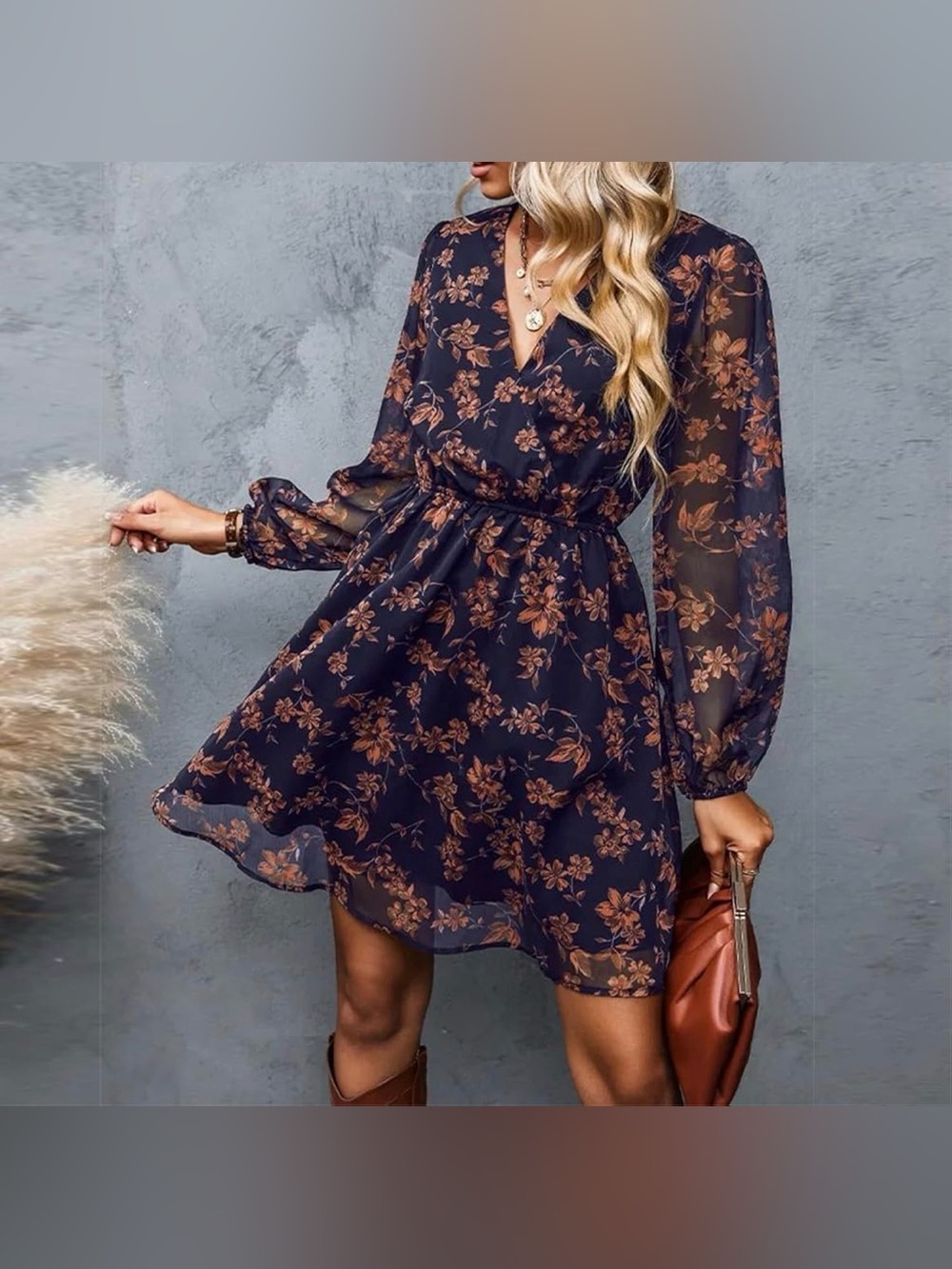 Women’s Navy Floral Long-Sleeve V-Neck Dress